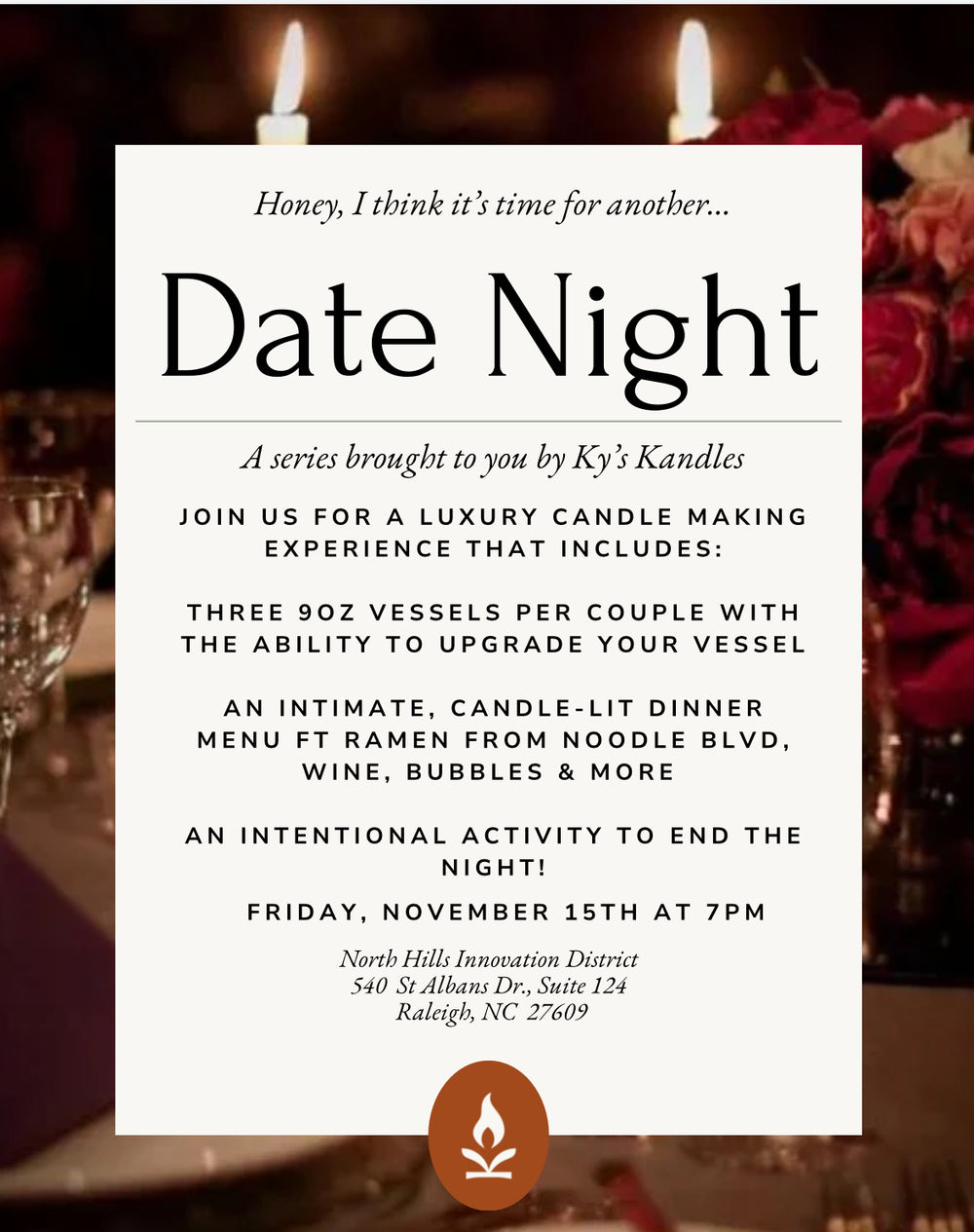 11.15 Dinner Date Night & Luxury Candle Making Experience